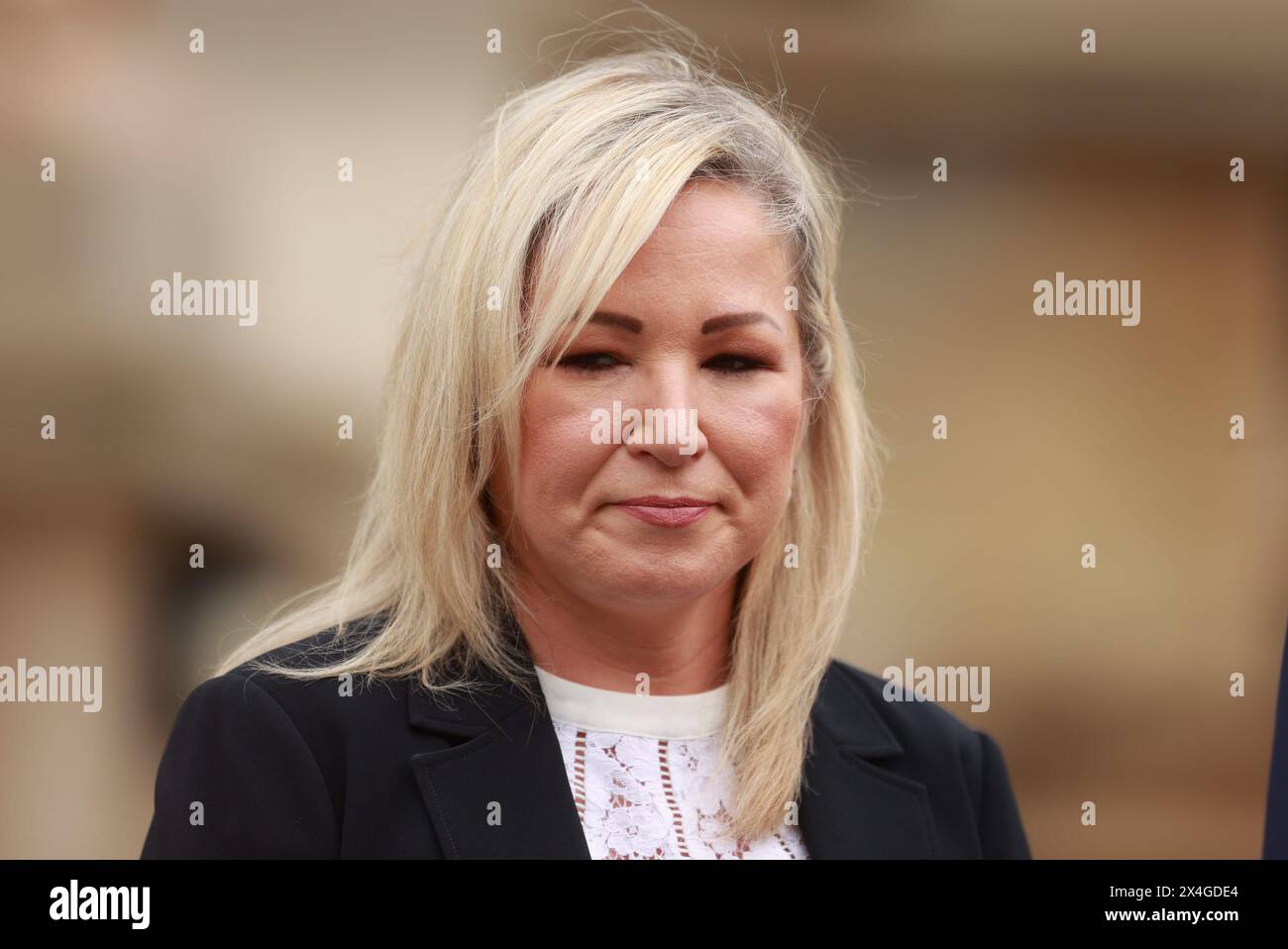 First Minister Michelle O'Neill during a press conference at Stormont Castle as Taoiseach Simon Harris makes his first official visit to Northern Ireland. Picture date: Friday May 3, 2024. Stock Photo