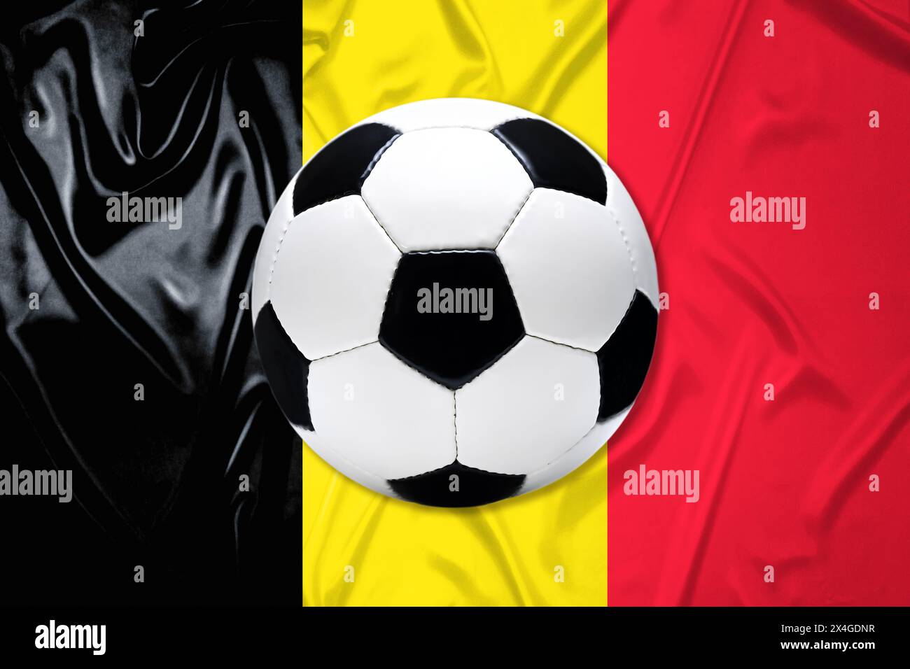 Black and white leather football with flag of Belgium Stock Photo