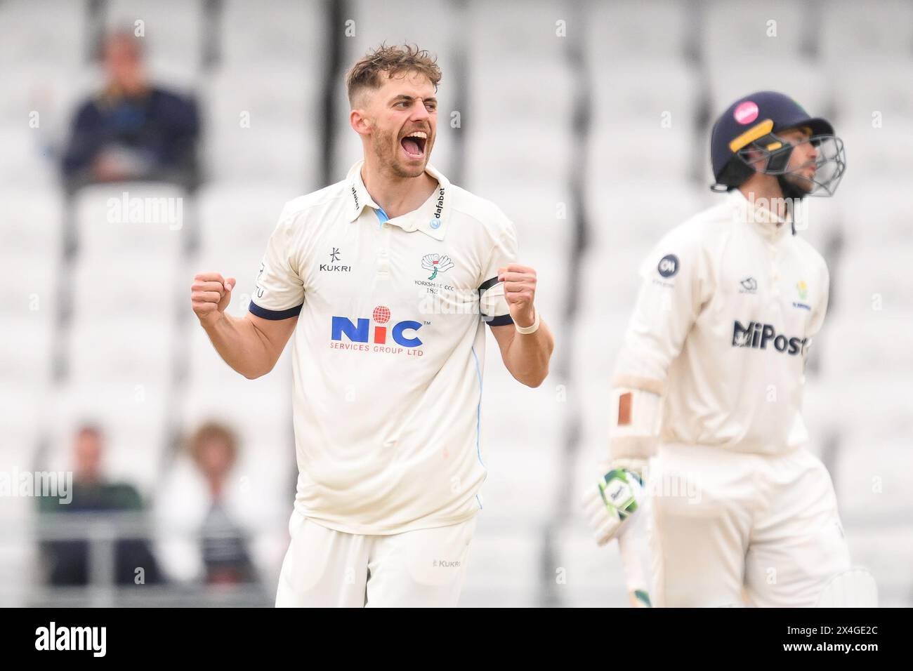 Ben Coad of Yorkshire celebrates taking the wicket of Eddie Byrom of Glamorgan LBW during the Vitality County Championship Division 2 match Yorkshire vs Glamorgan at Headingley Cricket Ground, Leeds, United Kingdom, 3rd May 2024  (Photo by Craig Thomas/News Images) Stock Photo