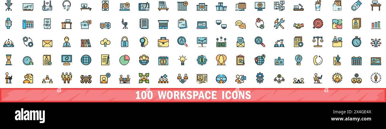 100 workspace icons set. Color line set of workspace vector icons thin ...