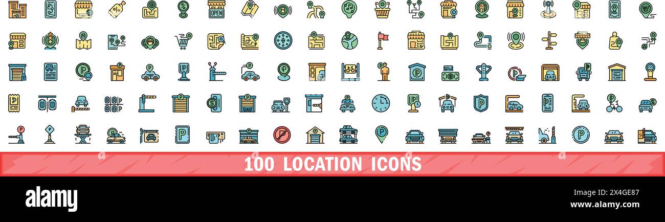 100 location icons set. Color line set of location vector icons thin ...