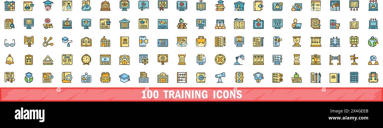 100 training icons set. Color line set of training vector icons thin line color flat on white Stock Vector
