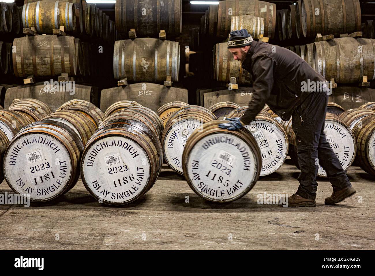Bruichladdich whisky distillery wearhouse Isle of Islay in Inner Hebrides of Scotland. Stock Photo