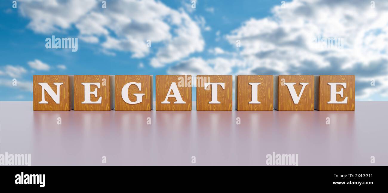 Negative. Negative. Wooden dices with white capital letters and the word, negative. Cloudy sky in the back. Decline, minus, downside, reverse, minimal Stock Photo