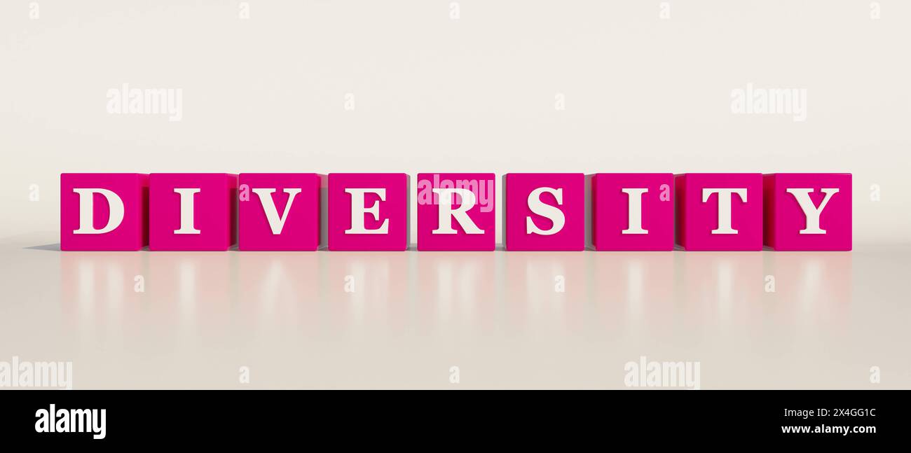 Diversity Diversity, single word. Pink dices with white letters and the ...