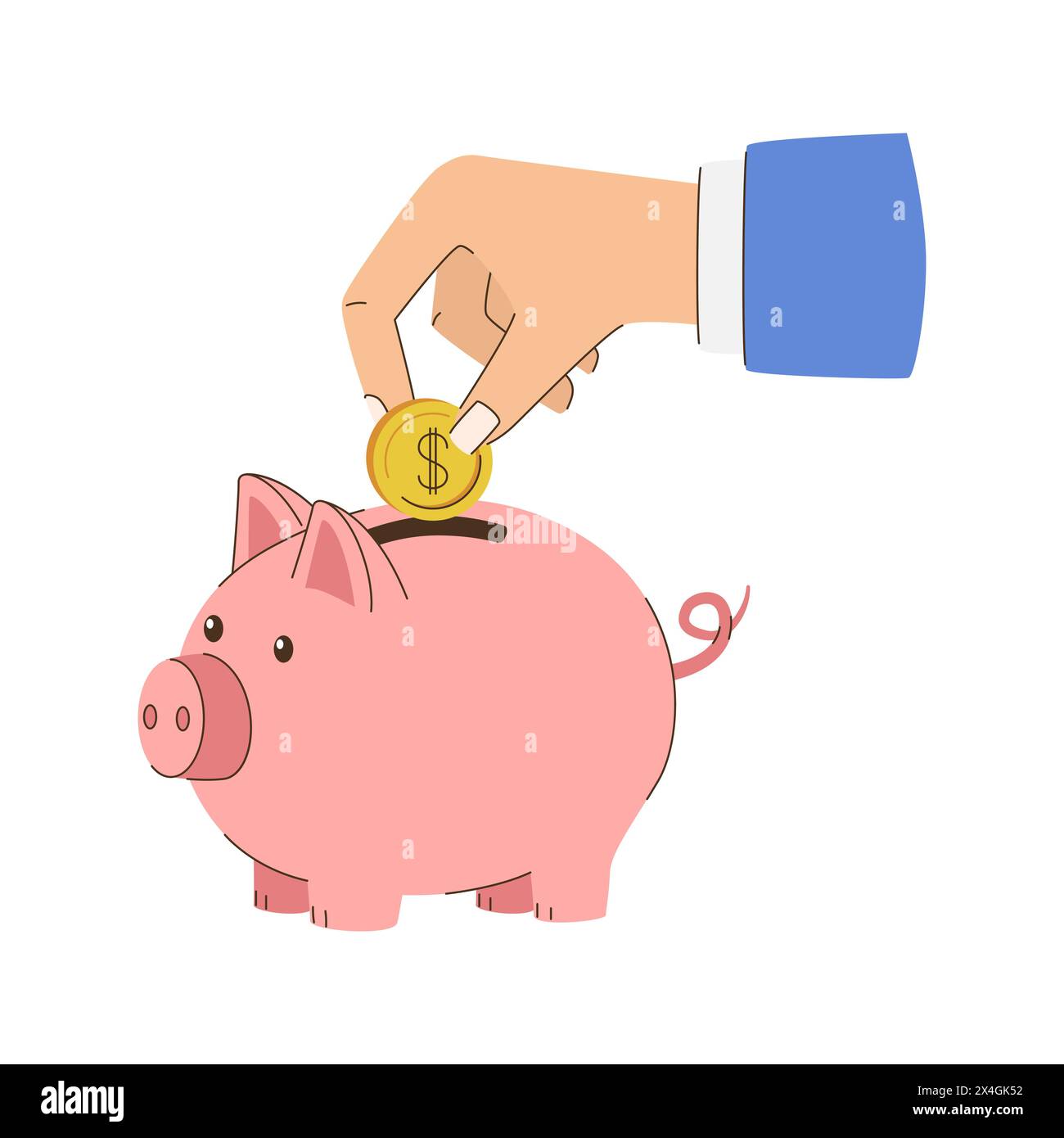 A hand is putting a coin into a pink piggy bank. Flat vector ...