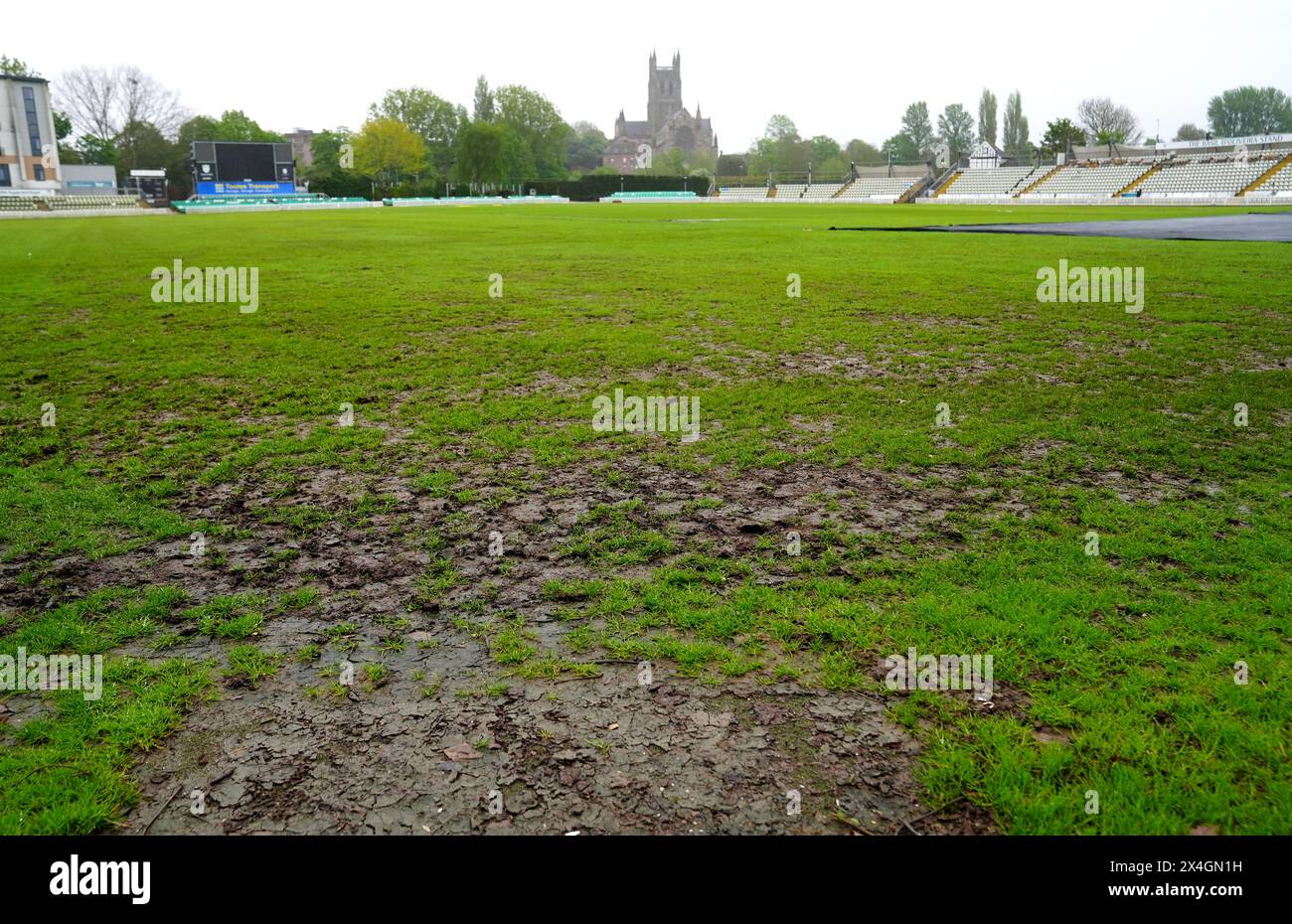 Muddy conditions at New Road, home of Worcestershire CCC. Picture date: Friday May 3, 2024. Stock Photo