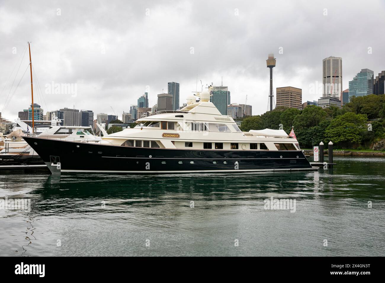 Kokomo II luxury motor yacht owned by the late Lang Walker, moored berthed at Woolloomooloo wharf in Sydney,NSW,Australia Stock Photo