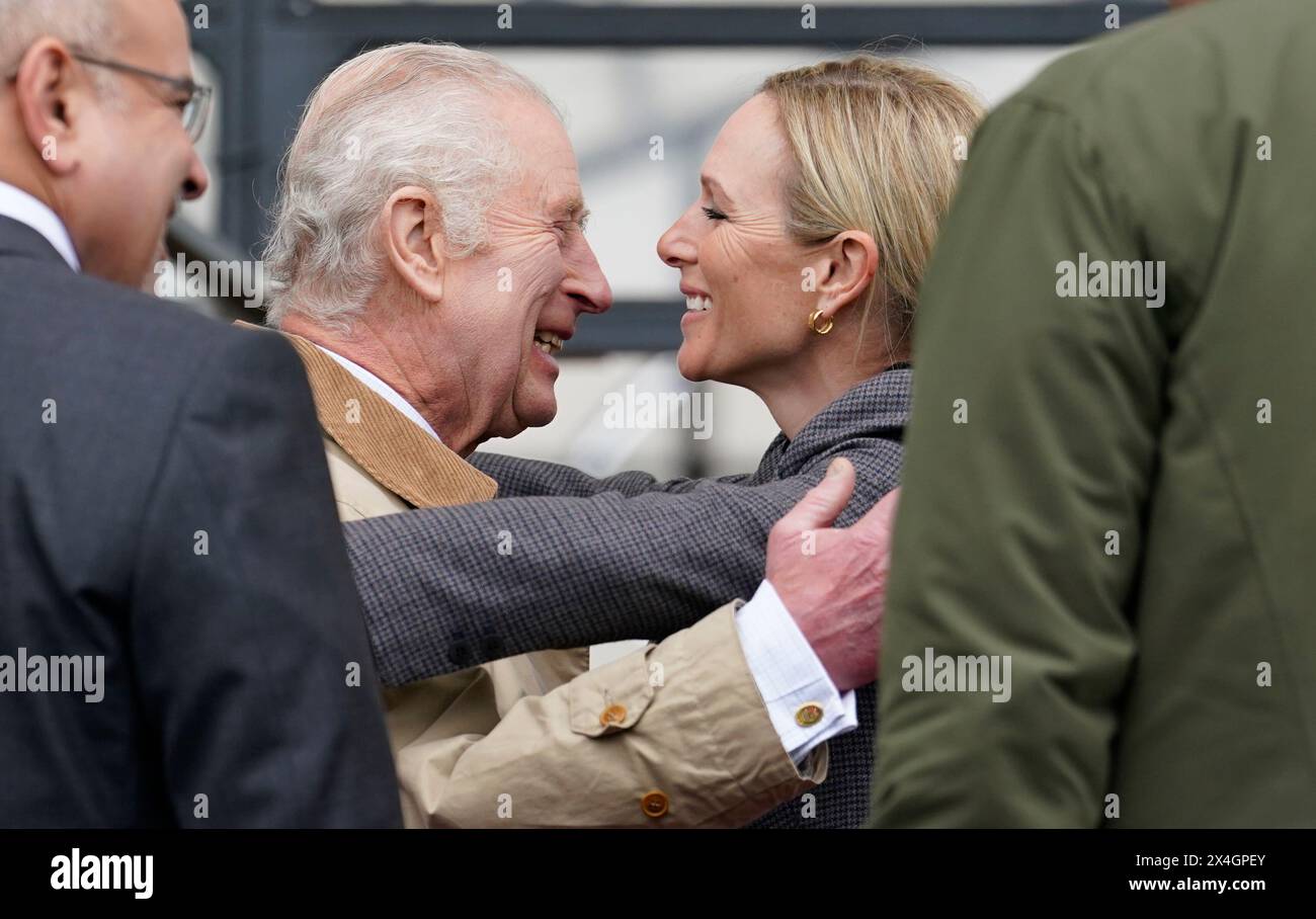 King Charles III with Zara Tindall during a visit to the endurance phase of the Royal Windsor Horse Show in Windsor, Berkshire. Picture date: Friday May 3, 2024.day 3 of the Royal Windsor Horse Show in Windsor, Berkshire. Picture date: Friday May 3, 2024. Stock Photo