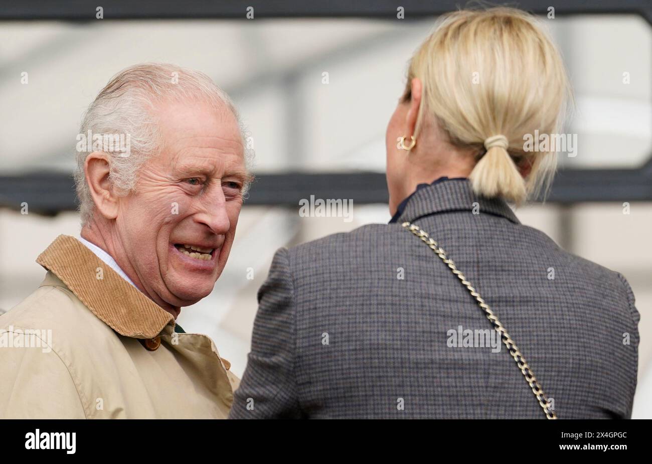 King Charles III (left) with Zara Tindall during a visit to the endurance phase of the Royal Windsor Horse Show in Windsor, Berkshire. Picture date: Friday May 3, 2024.day 3 of the Royal Windsor Horse Show in Windsor, Berkshire. Picture date: Friday May 3, 2024. Stock Photo