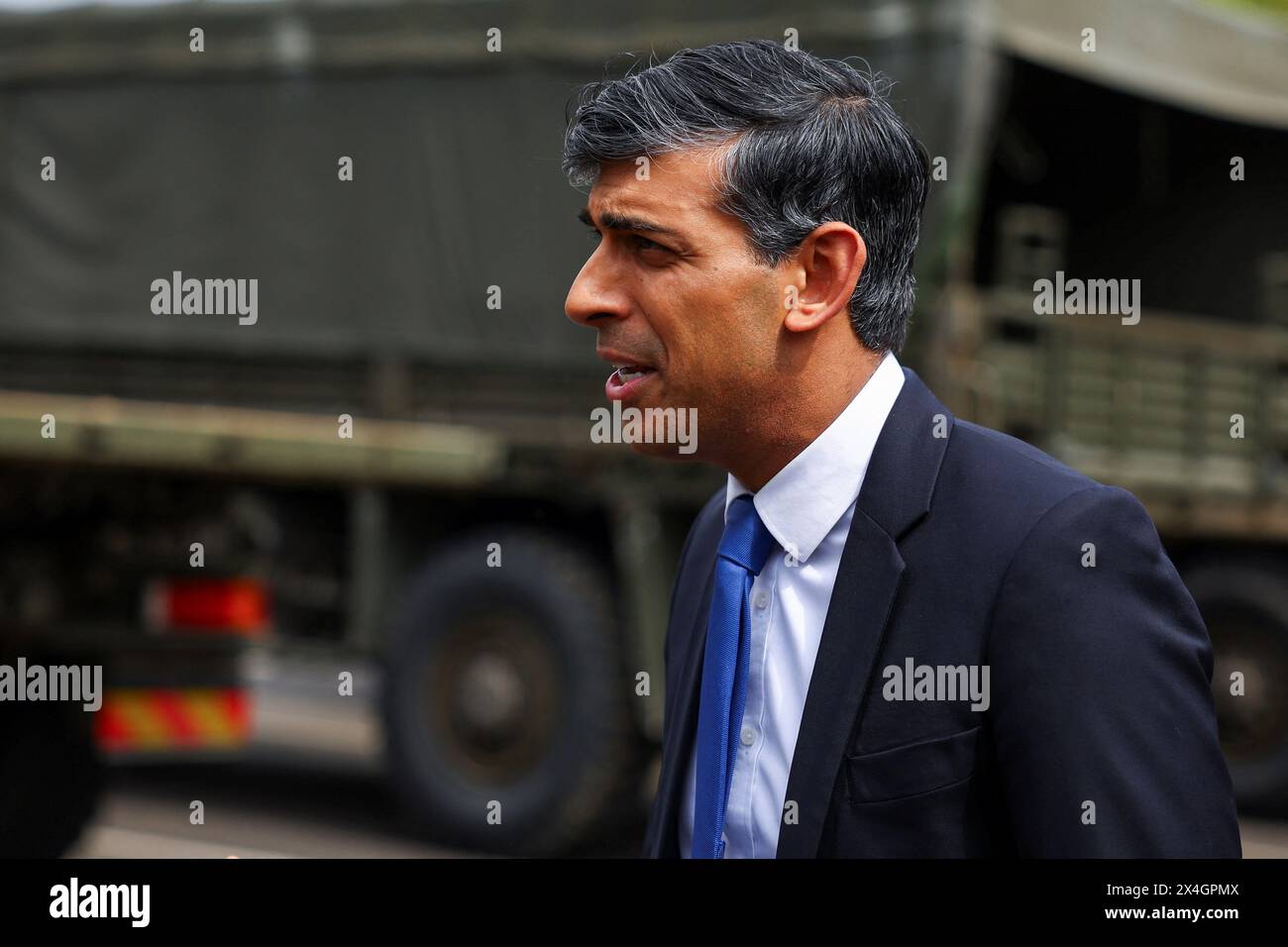 Prime Minister Rishi Sunak doing media interviews during a visit to the Catterick military base in North Yorkshire. Picture date: Friday May 3, 2024. Stock Photo