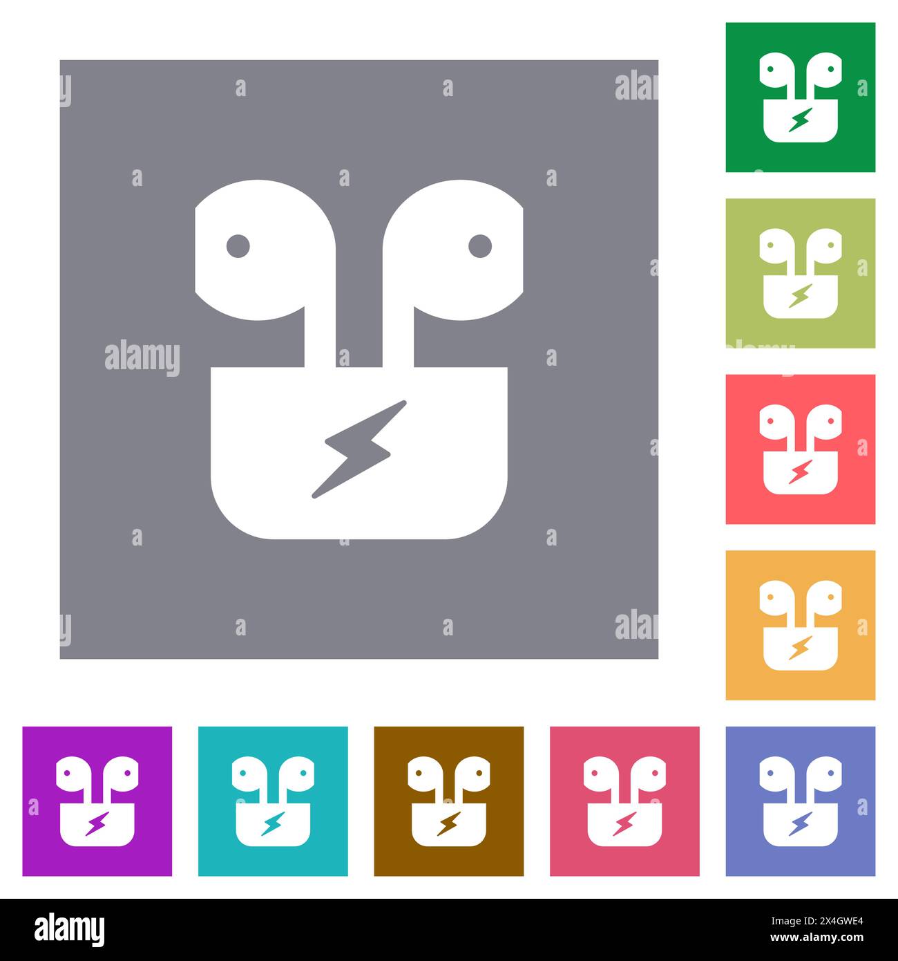 Charging wireless earphones solid flat icons on simple color square backgrounds Stock Vector
