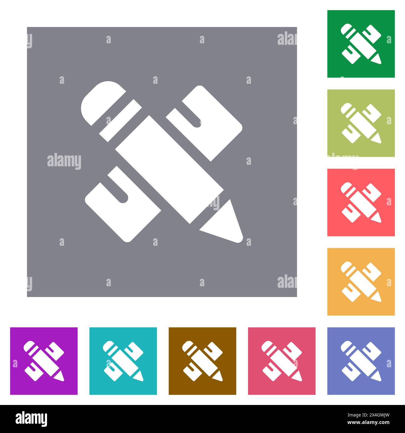 Pencil and ruler solid flat icons on simple color square backgrounds ...