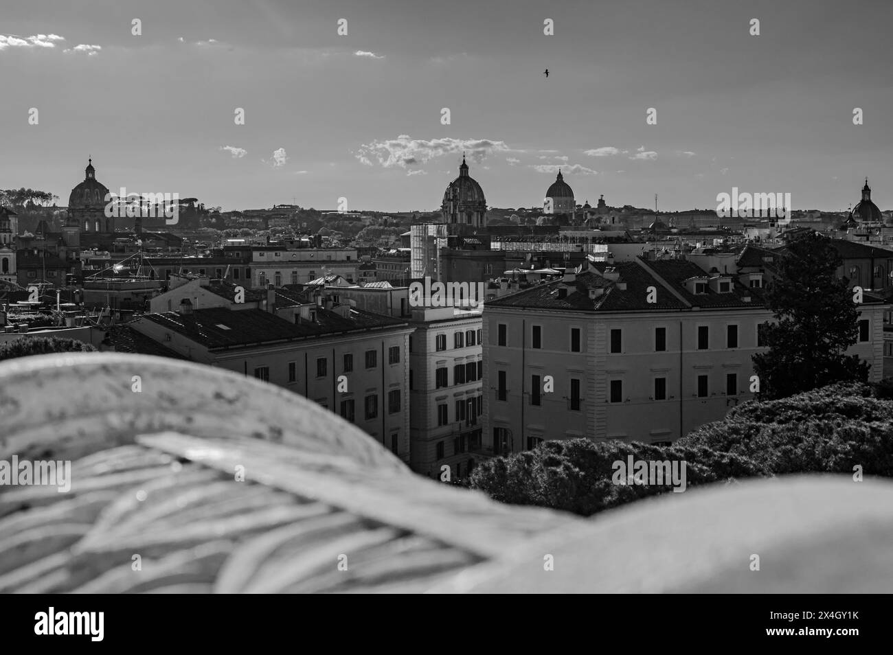 Rome, Italy, black and white, sun reflections on buildings at sunset Stock Photo