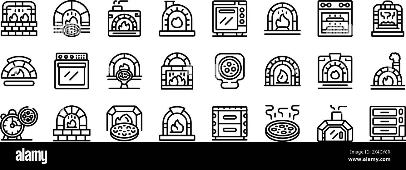 Pizza oven icons set outline vector. Stone process maker. Furnace food ...
