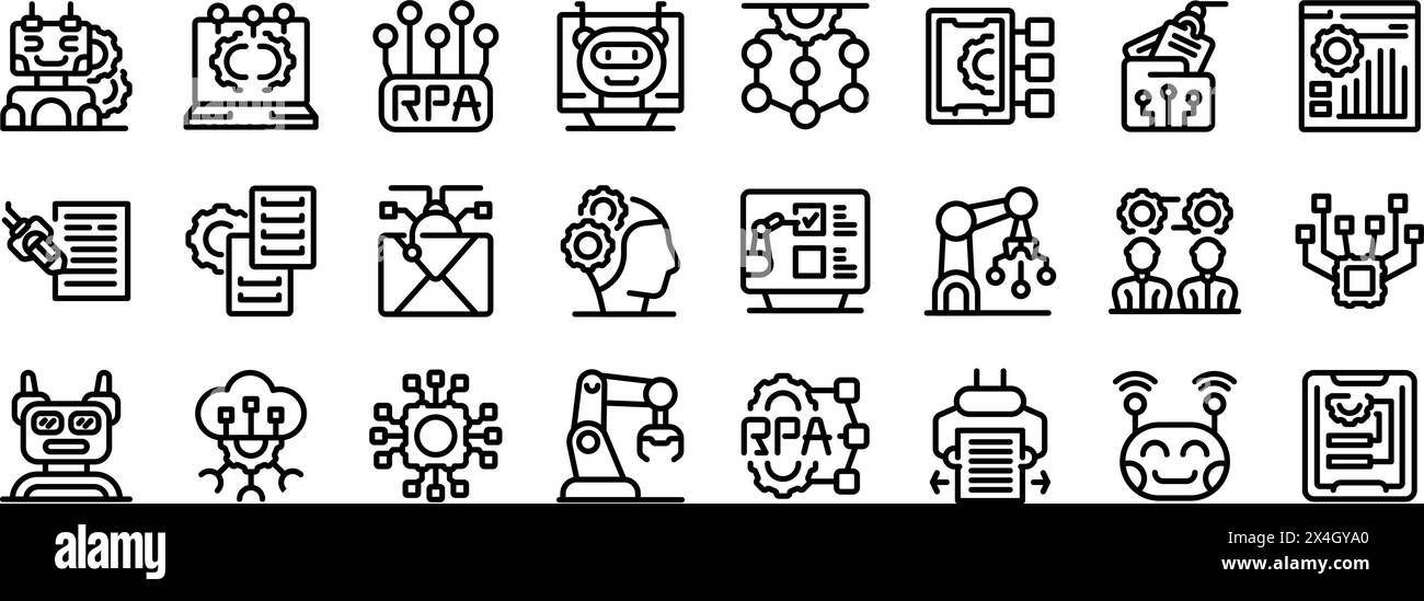 RPA icons set outline vector. Robotic process. Data arms website Stock ...