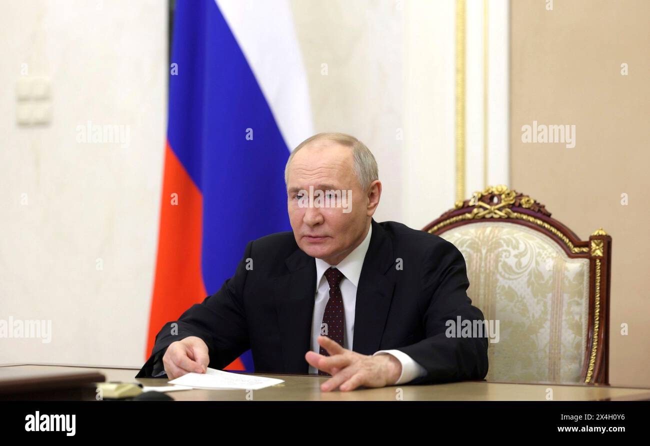 Moscow, Russia. 03rd May, 2024. Russian President Vladimir Putin chairs a remote meeting via video conference on the economy from the Kremlin, May 3, 2024 in Moscow, Russia. Credit: Gavriil Grigorov/Kremlin Pool/Alamy Live News Stock Photo