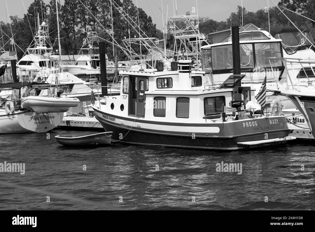 Stock photo of cabin cruiser boat docked at Georgetown, South Carolina USA. Stock Photo