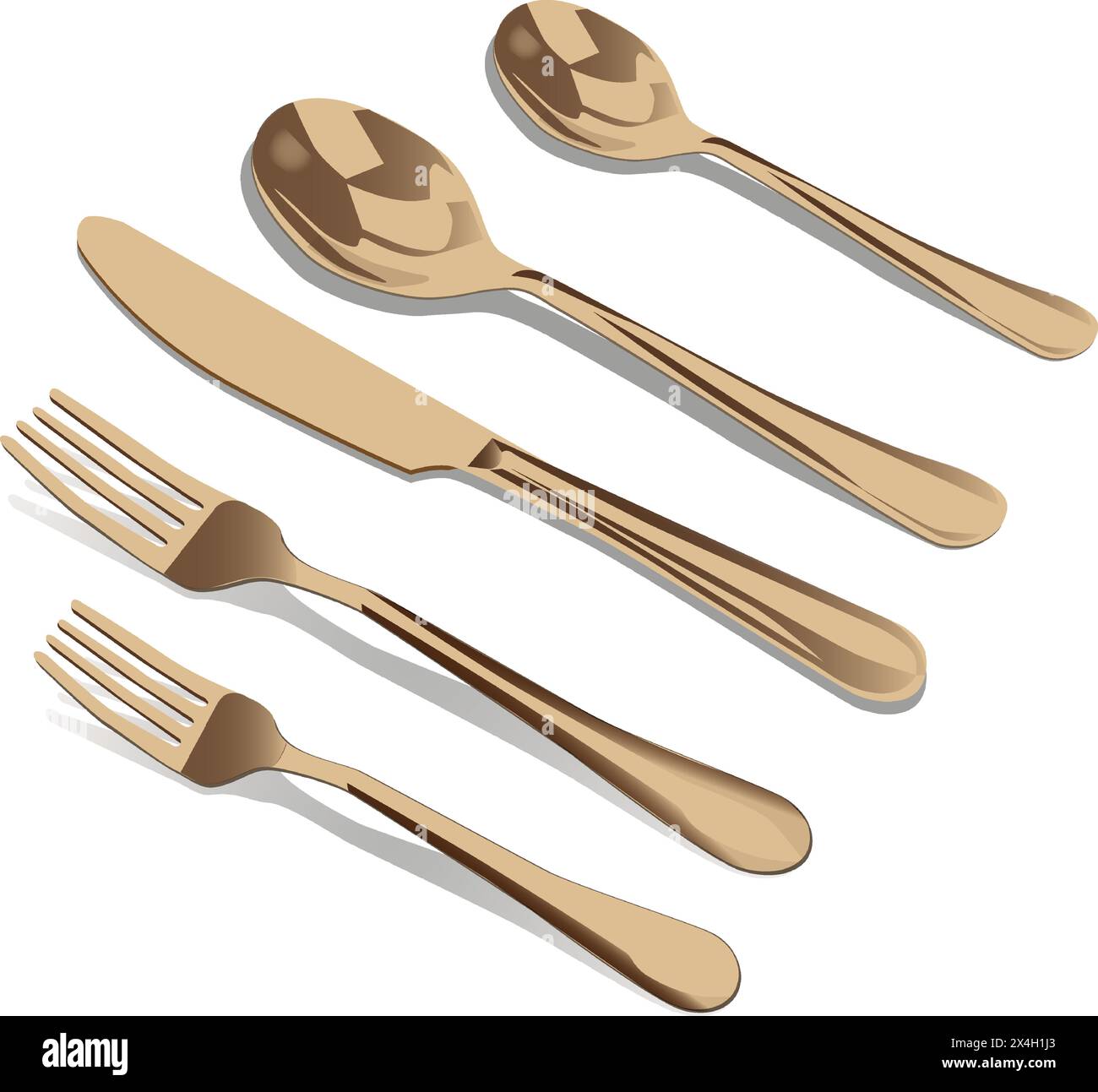 table set of gilded forks, spoons and knife, vector illustration Stock Vector