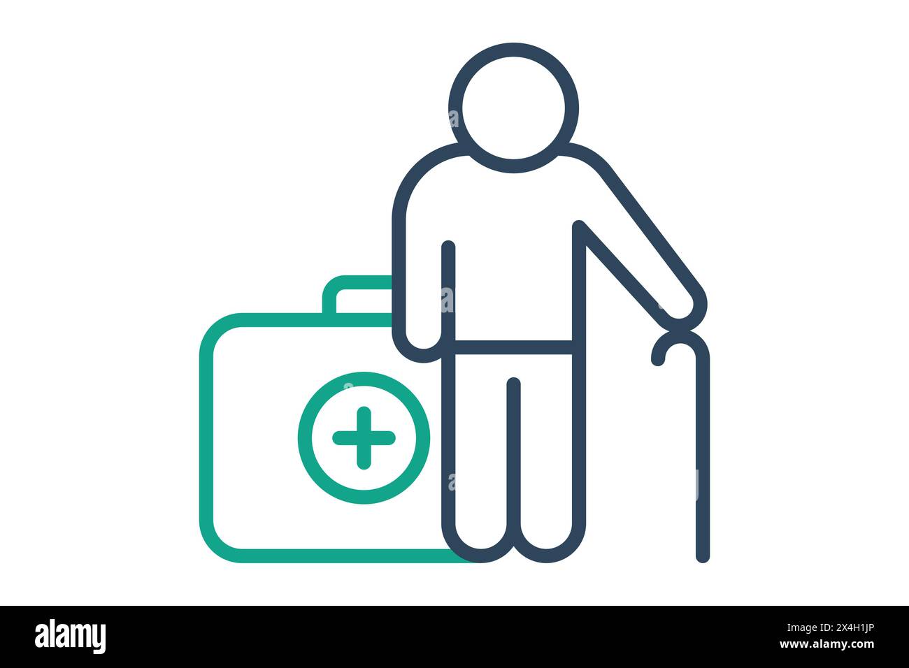 health icon. elderly using walking stick with health box. icon related to elderly. line icon style. old age element illustration Stock Vector