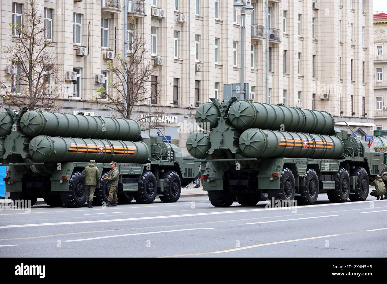 Russian S-400 Triumph anti-aircraft missile system on Tverskaya street during a rehearsal of the Victory parade Stock Photo