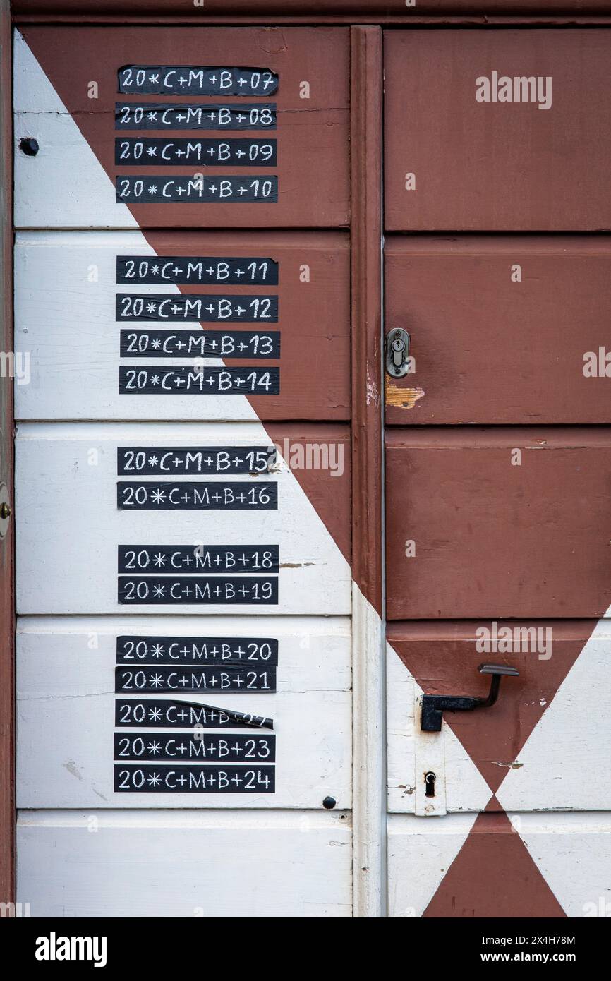 C+M+B abbreviations of the blessing 'Christus mansionem benedicat', 'Christ bless this house' on a door of Tuernich Castle, Kerpen-Tuernich, North Rhi Stock Photo