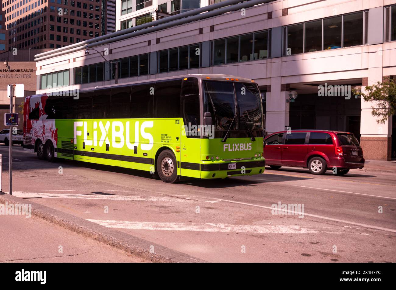 Toronto, ON, Canada – August 30, 2023: View at the bus of Flixbus company on the highway in Toronto Stock Photo