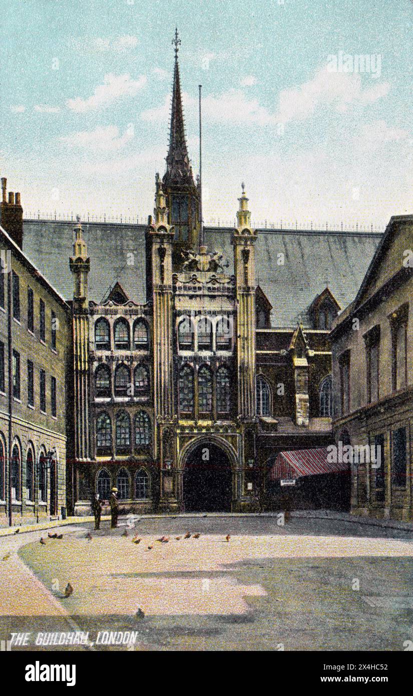 London. c.1905 - An antique postcard entitled “The Guildhall, London”, depicting the municipal building in the Moorgate area of the City of London. The current building dates from the 15th century, but evidence suggests that a guildhall had existed at the site since at least the early 12th century. The building has been used as a town hall for several hundred years and is still the ceremonial and administrative centre of the City of London and its Corporation. Stock Photo