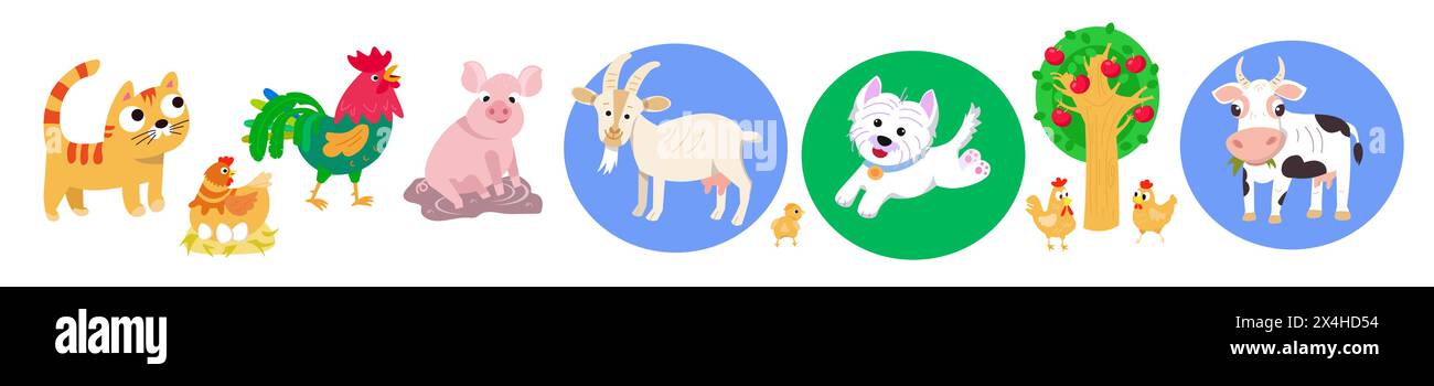 Cute cartoon set of animals on farm for design. Isolated characters ...