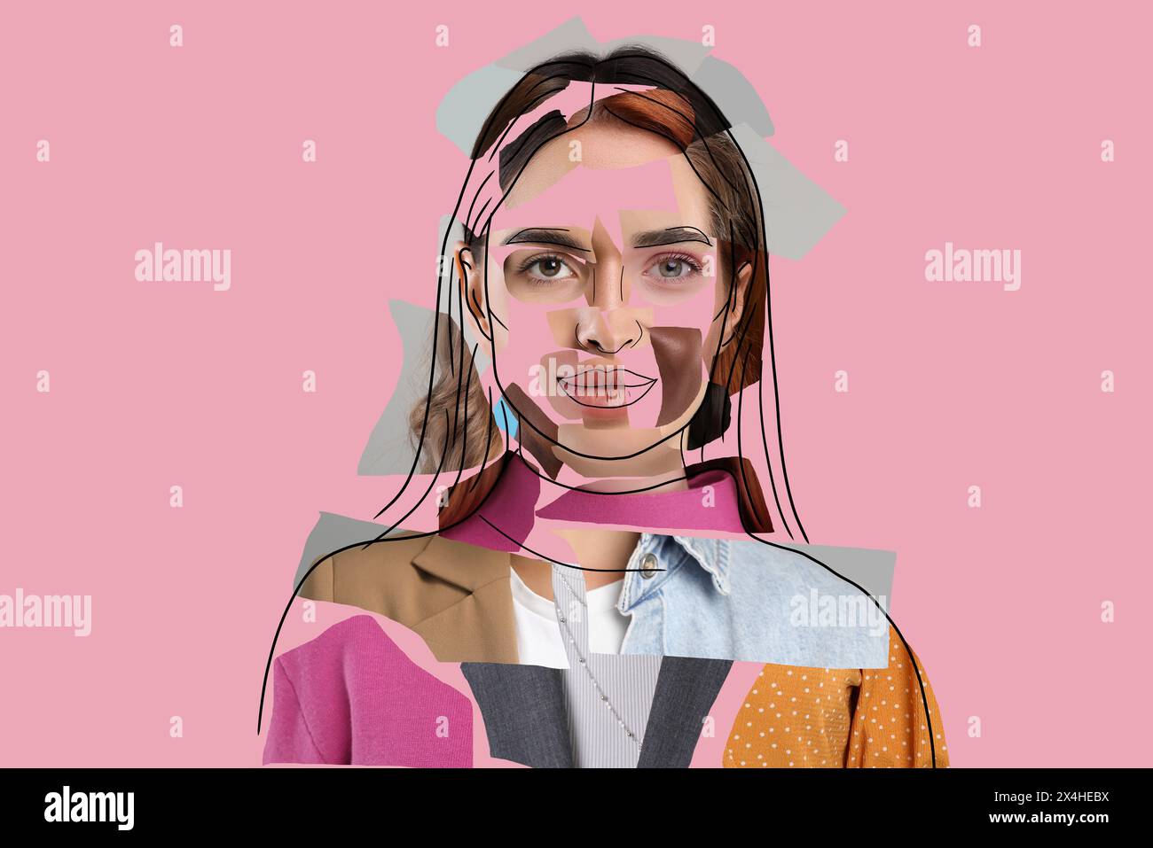 Combined portrait of woman on pink background. Art collage with parts
