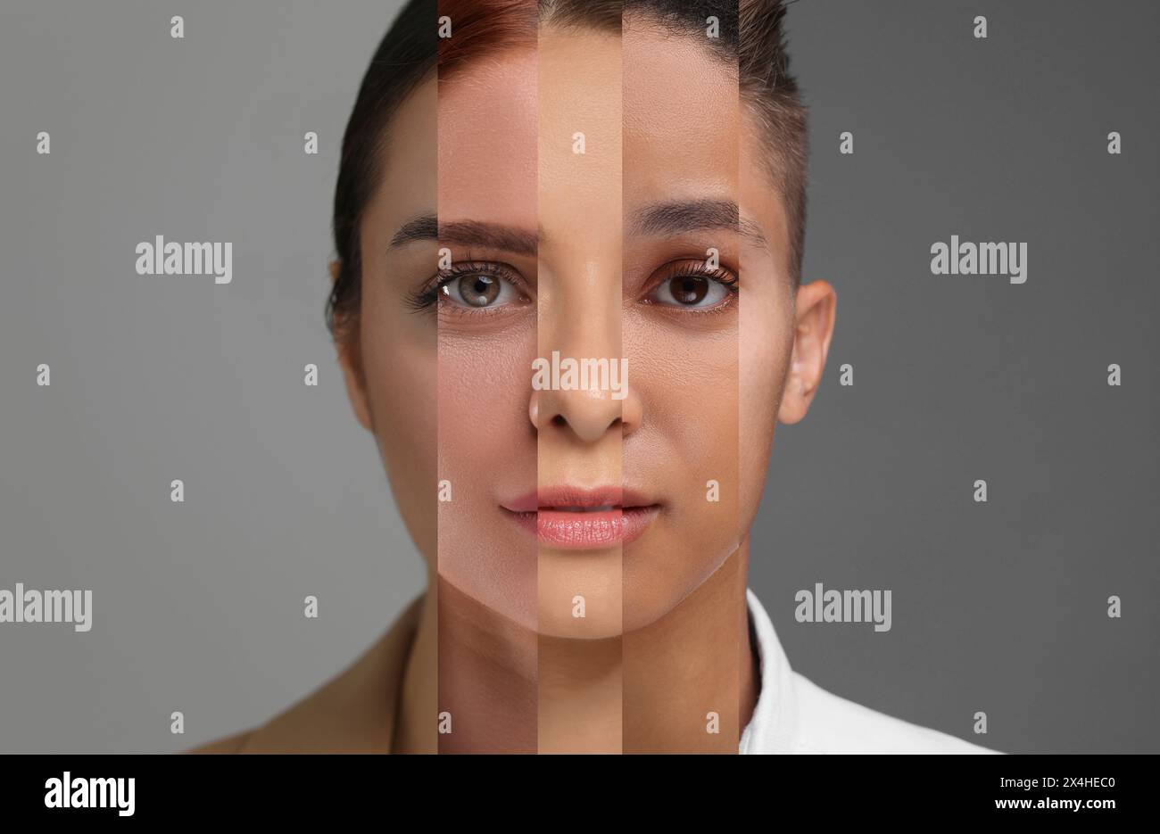 Combined human portrait on grey background. Collage with parts of different people's faces Stock
