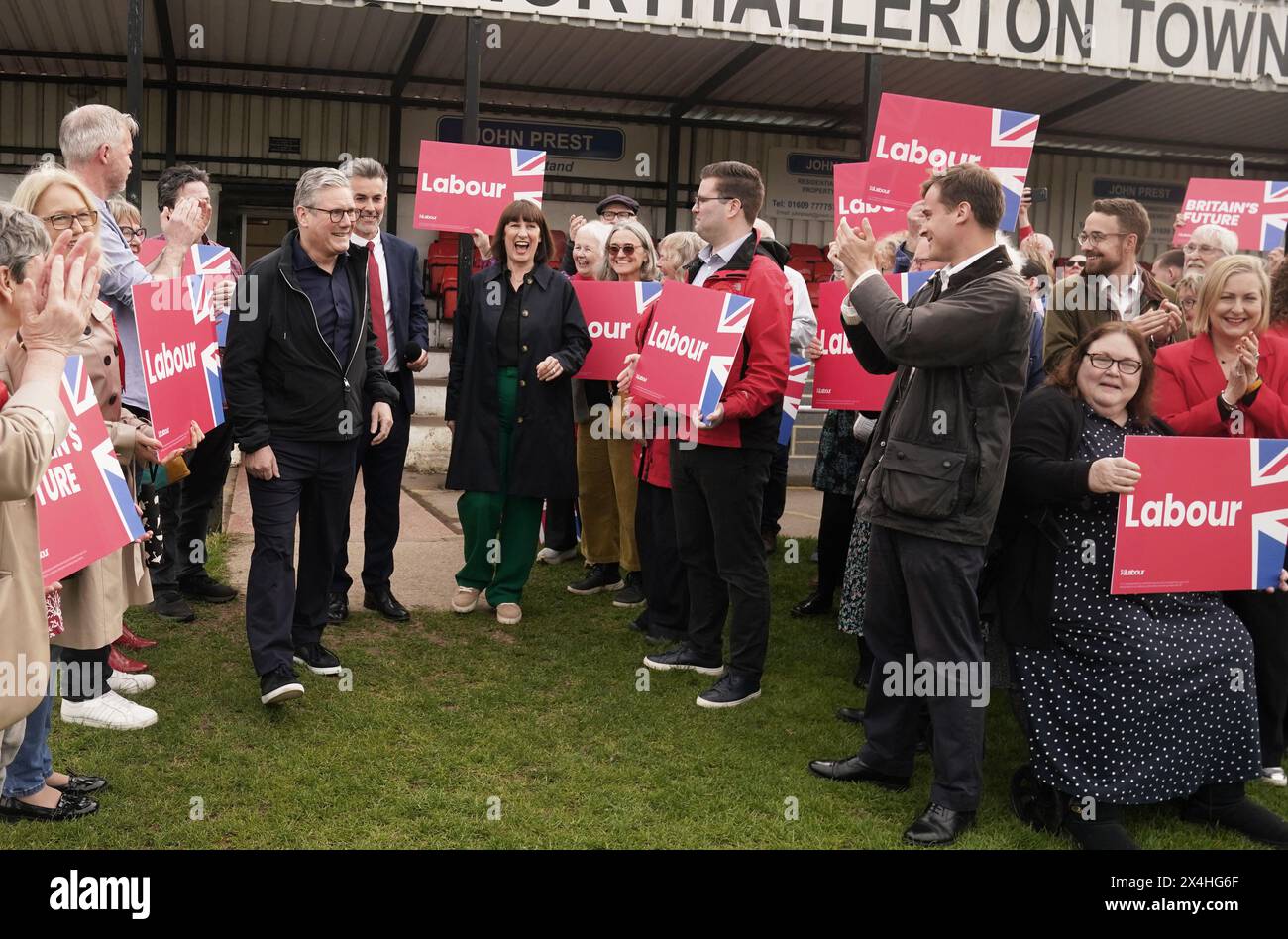 Labour Party leader Sir Keir Starmer and shadow chancellor Rachel Reeves, celebrate with David Skaith at Northallerton Town Football Club, North Yorkshire, after he won the York and North Yorkshire mayoral election. Picture date: Friday May 3, 2024. Stock Photo
