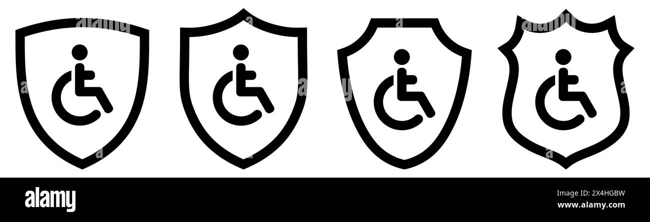 Disabled person icon inside shield, different versions. Handicapped protection concept Stock Vector