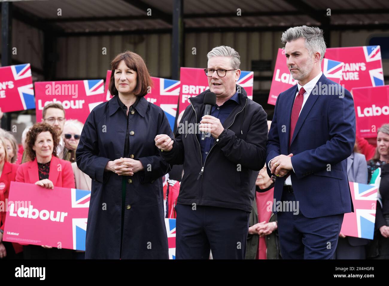 Labour Party leader Sir Keir Starmer (centre) and shadow chancellor Rachel Reeves, celebrate with David Skaith at Northallerton Town Football Club, North Yorkshire, after he won the York and North Yorkshire mayoral election. Picture date: Friday May 3, 2024. Stock Photo