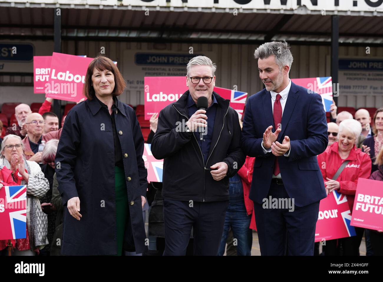 Labour Party leader Sir Keir Starmer (centre) and shadow chancellor Rachel Reeves, celebrate with David Skaith at Northallerton Town Football Club, North Yorkshire, after he won the York and North Yorkshire mayoral election. Picture date: Friday May 3, 2024. Stock Photo