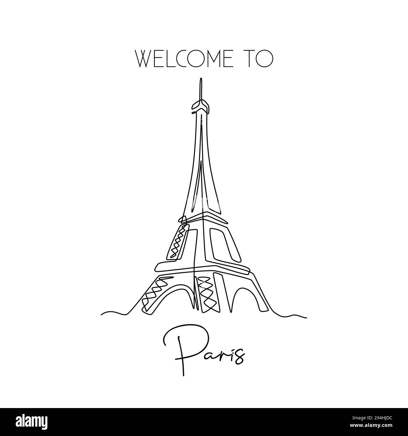 Single one line drawing of Eiffel Tower landmark wall decor poster. Iconic place in Paris, France. Tourism and travel greeting postcard concept. Moder Stock Vector