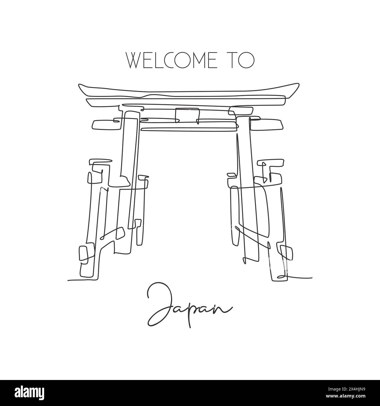One continuous line drawing Torii Gate landmark greeting. World iconic
