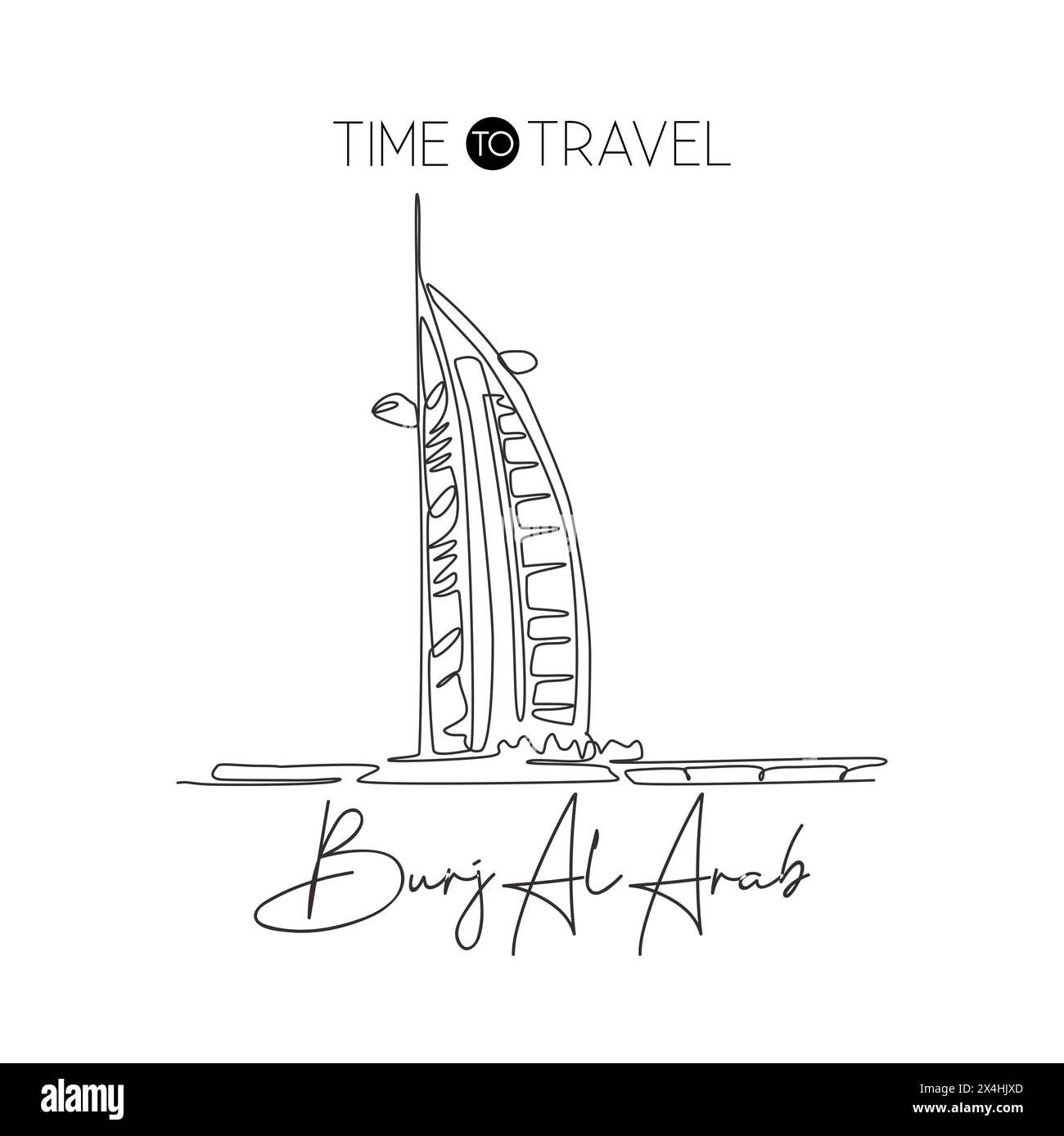 Depok, Indonesia-August 1, 2019: Single continuous line drawing of welcome to Burj Al Arab landmark. Dubai, United Arab of Emirates famous place. Home Stock Vector