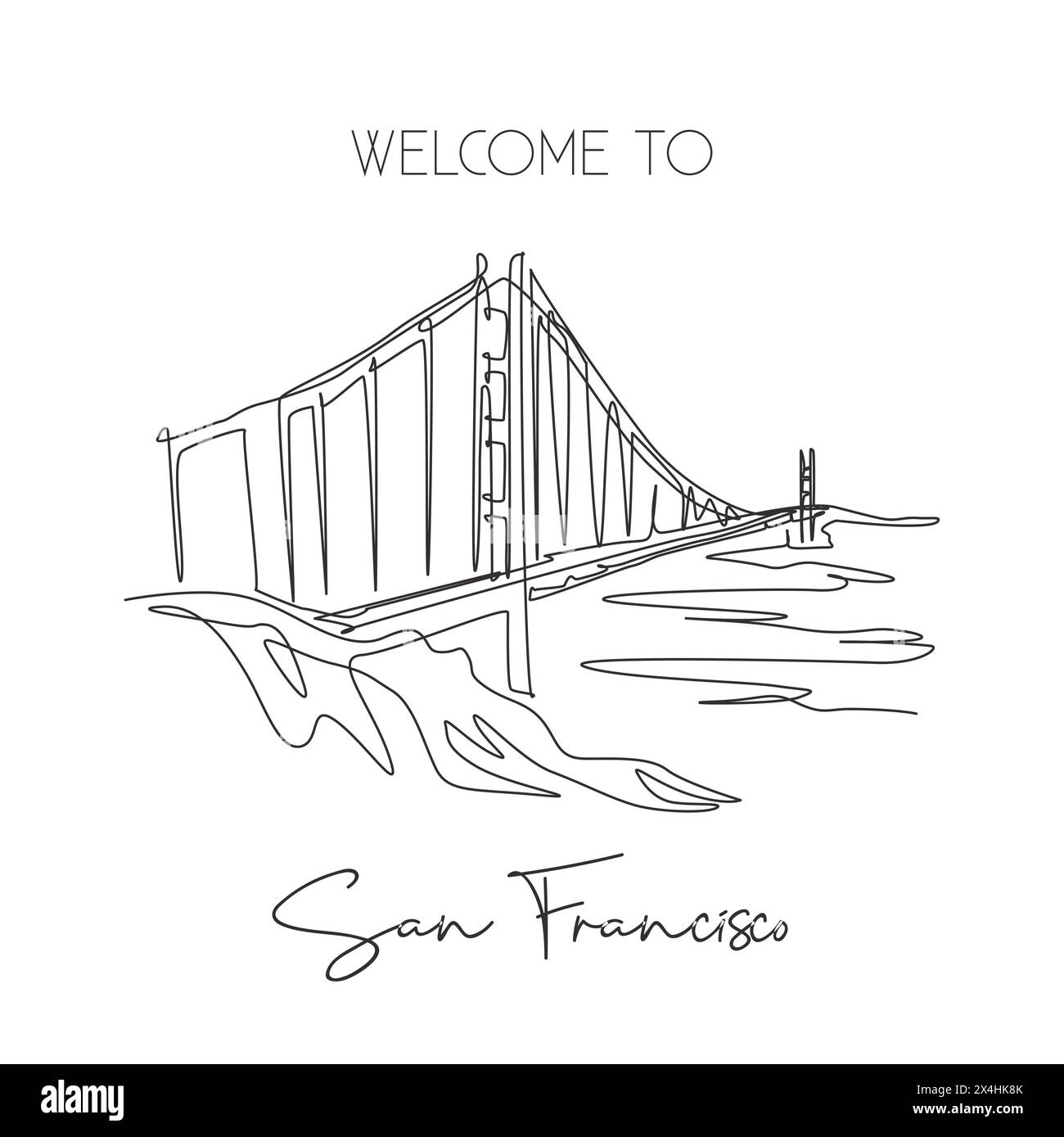 One single line drawing Golden Gate Bridge landmark. Iconic place in