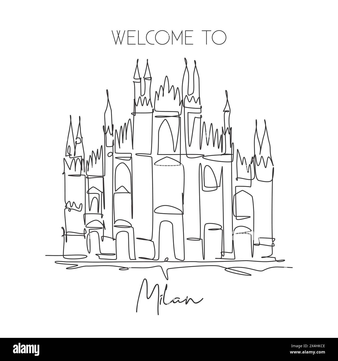 One single line drawing Duomo di Milano landmark. World famous place in Milan, Italy. Tourism travel postcard home wall decor poster concept. Modern c Stock Vector