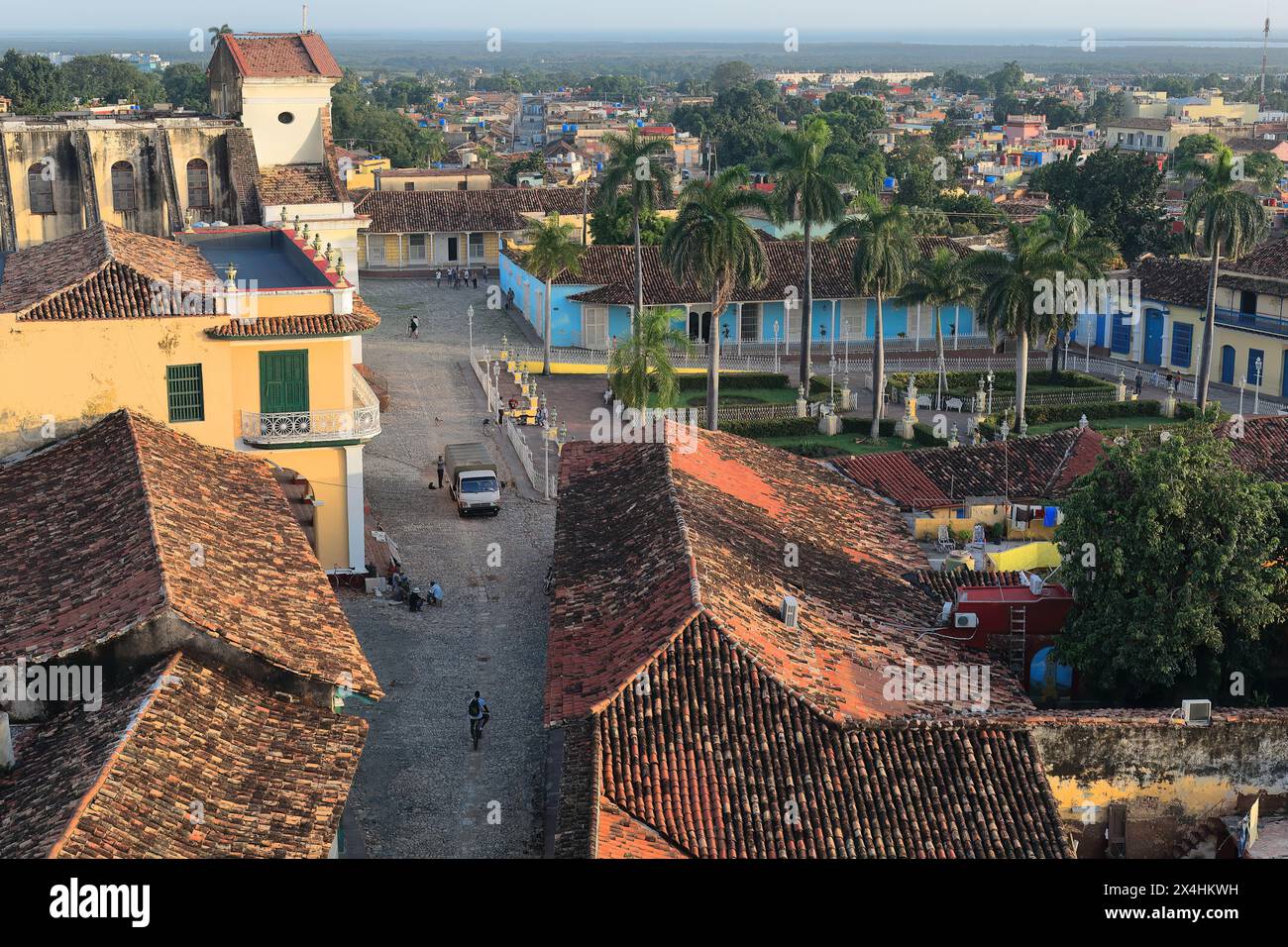 238 View from the San Francisco Church belfry to the SE over Cristro Street, Brunet Palace, Holy Trinity Church and Plaza Mayor Square. Trinidad-Cuba. Stock Photo