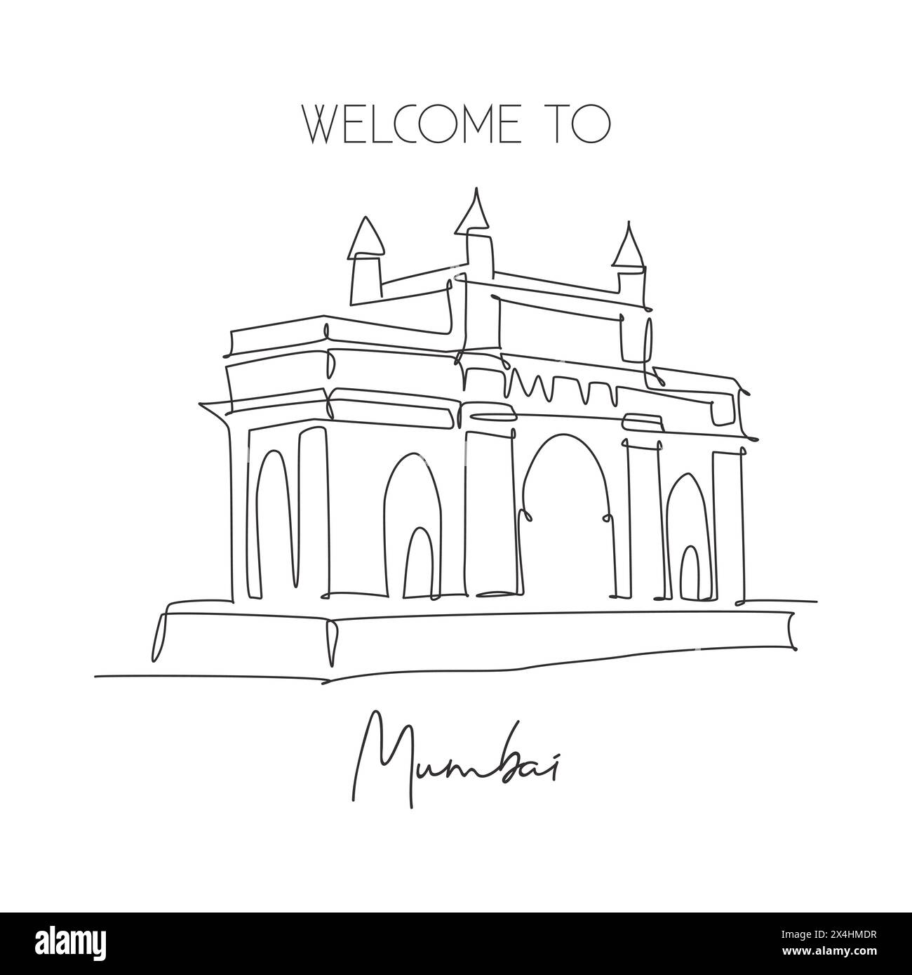 One continuous line drawing Gateway of India landmark. Symbolic monument in Mumbai India. Holiday tour travel wall decor poster print art concept. Mod Stock Vector