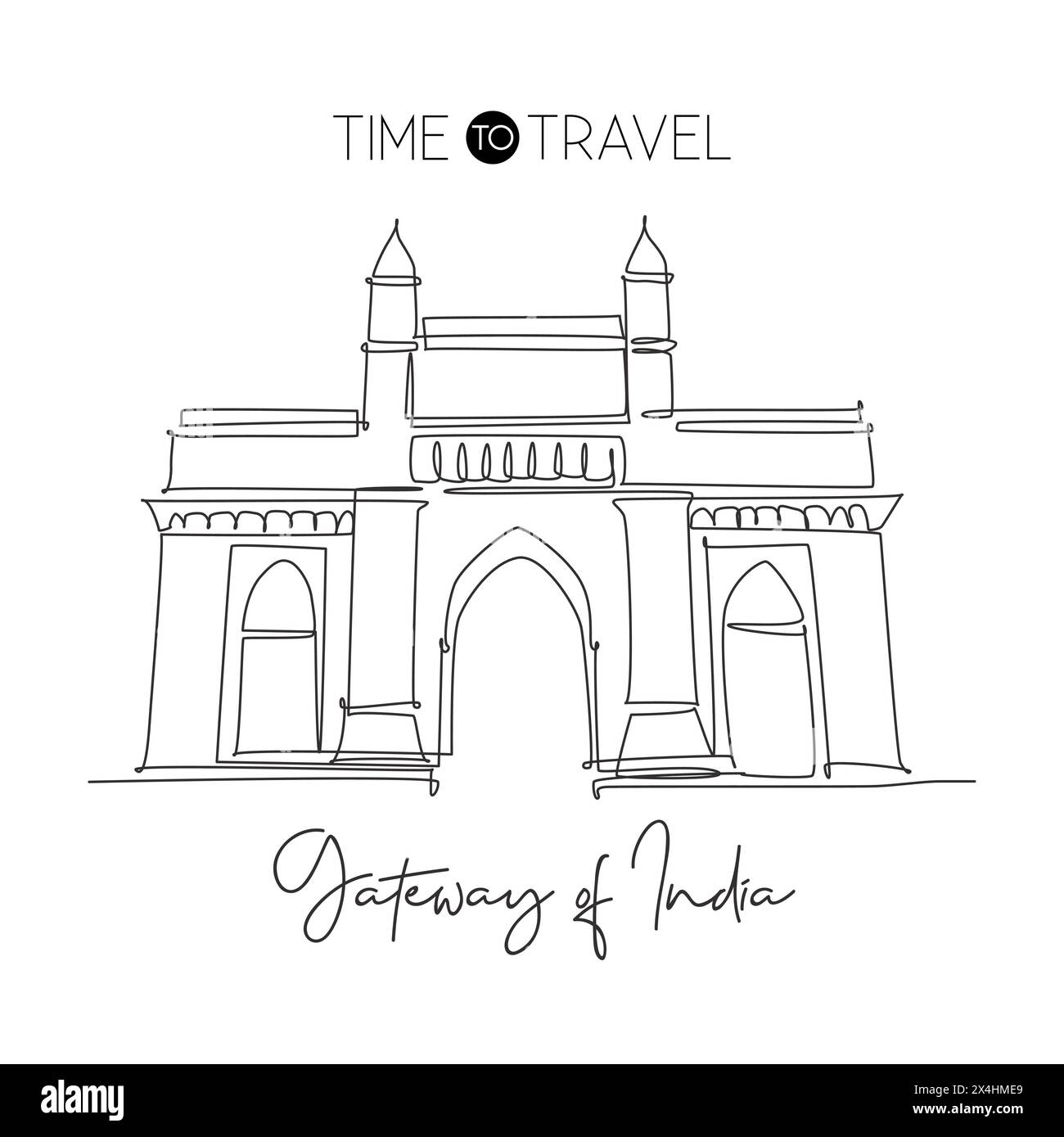 One continuous line drawing Gateway of India landmark. Monument in Mumbai India. Holiday tour and travel home wall decor art poster print concept. Mod Stock Vector