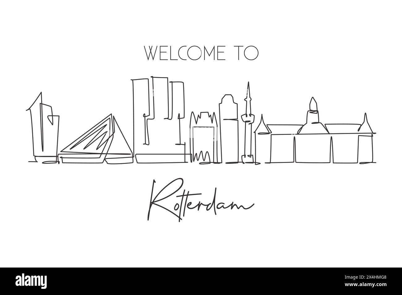Single continuous line drawing of Rotterdam city skyline, Netherlands. Famous skyscraper