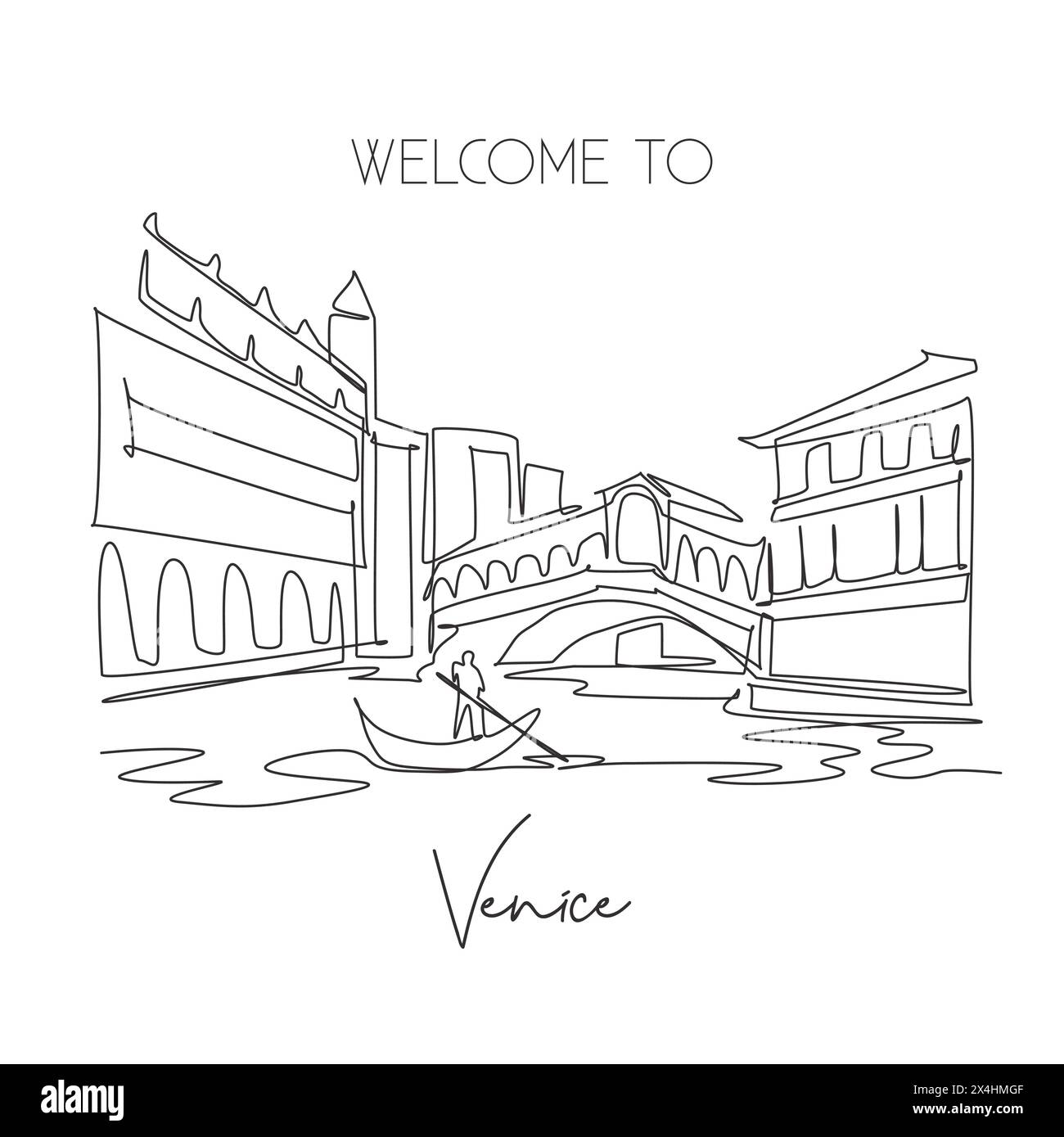 One single line drawing Rialto Bridge landmark. World famous iconic canal in Venice Italy. Tourism travel postcard home wall decor poster print concep Stock Vector