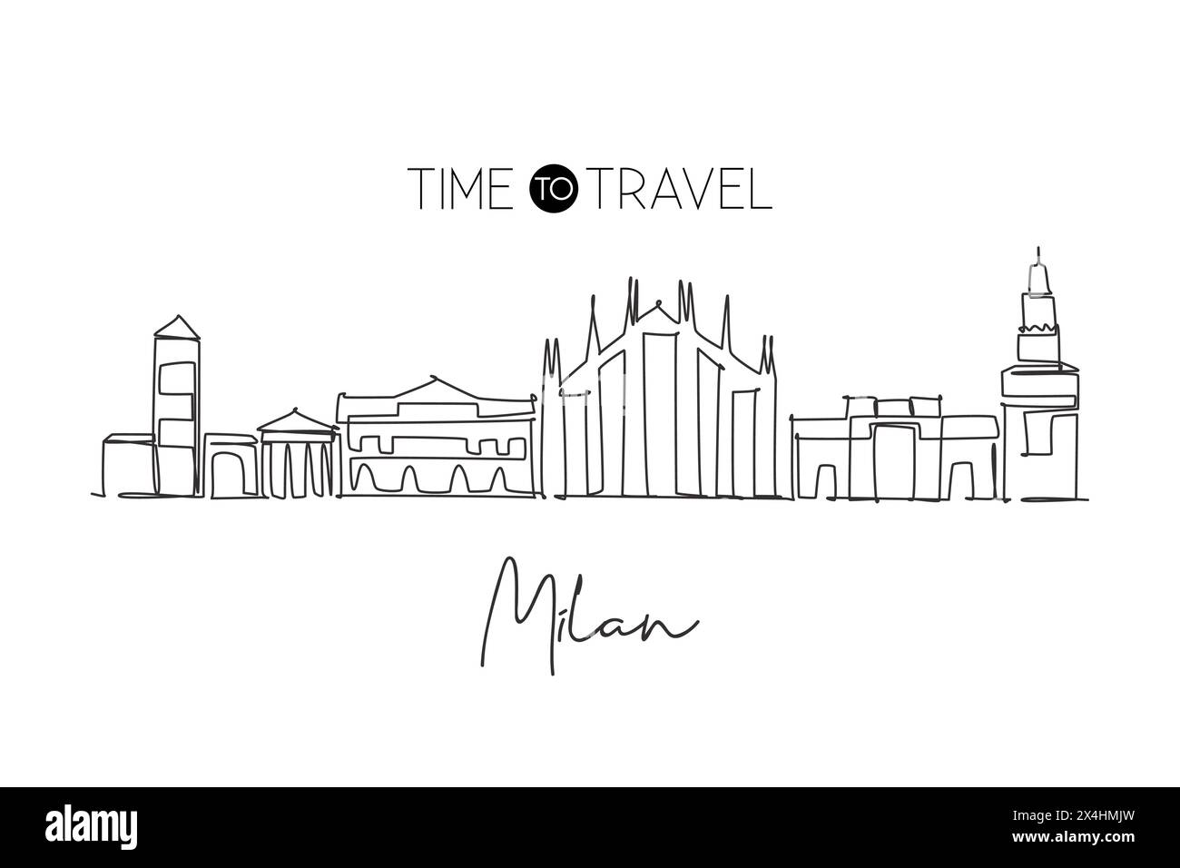 One continuous line drawing of Milan city skyline, Italy. Beautiful skyscraper. World landscape tourism travel vacation wall decor poster concept. Sty Stock Vector