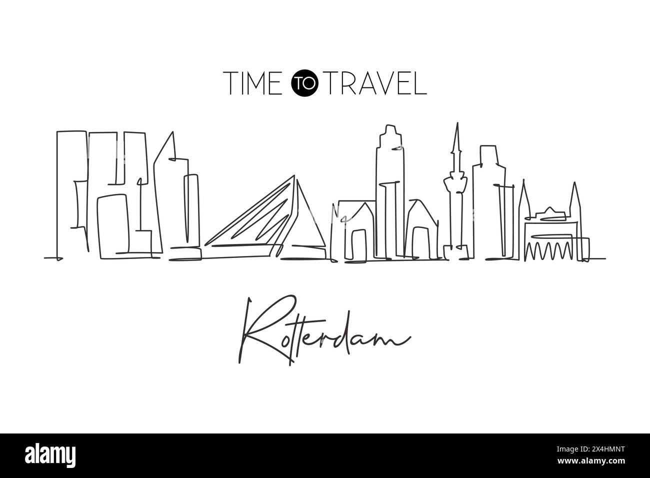 One continuous line drawing of Rotterdam city skyline, Netherlands. Beautiful skyscraper. World