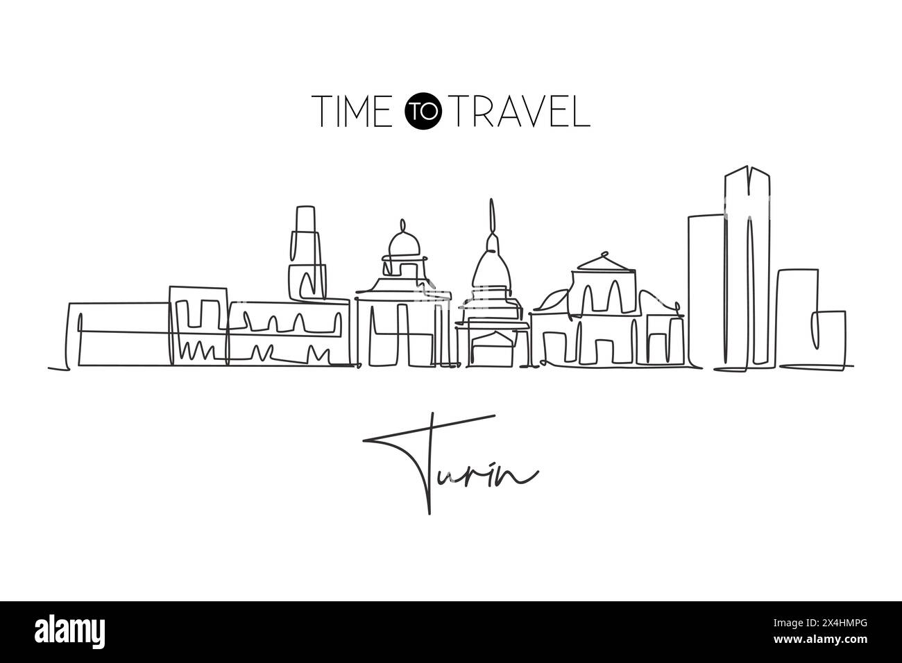 Single continuous line drawing of Turin city skyline, Italy. Famous skyscraper landscape postcard. World travel home wall decor poster print concept. Stock Vector