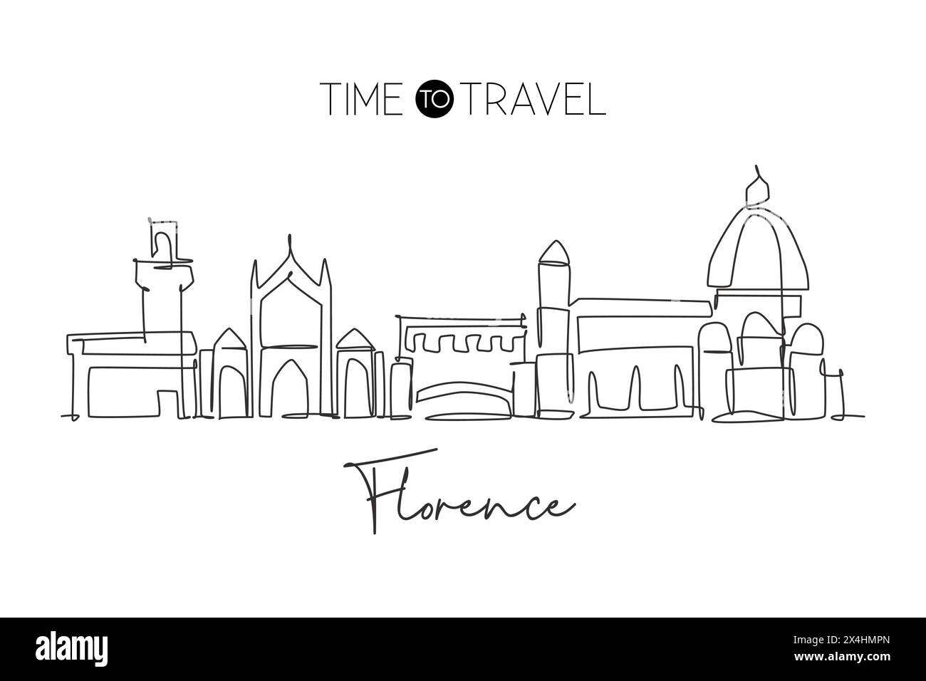 Single continuous line drawing of Florence city skyline, Italy. Famous