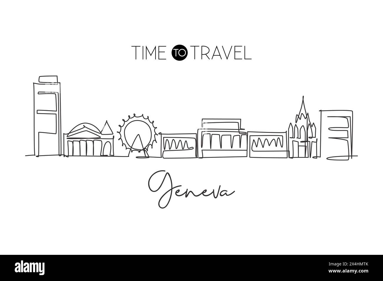 One single line drawing of Geneva city skyline, Switzerland. Historical ...